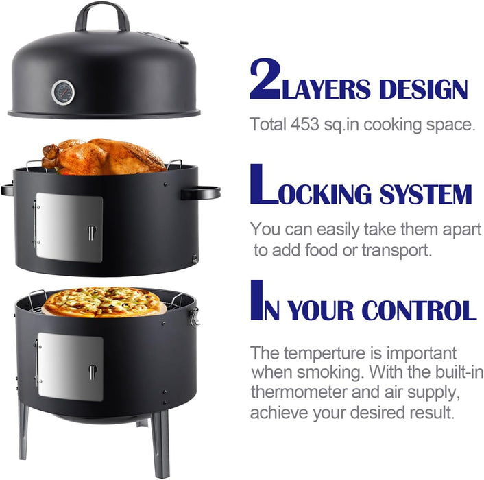 Charcoal Smoker BBQ Grill: Premium Vertical Meat Smokers with Smoke Tube - Barbecue Charcoal Grill Combo for Outdoor Cooking Patio Backyard Grilling Tailgating