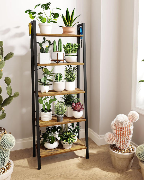 Ladder Shelf, Bookshelf, Freestanding Corner Storage Shelf | Bookcase with 2 Hooks for Office, Living Room, Kitchen, Bedroom, Industrial, 11.8"D X 23.6"W X 63"H, Rustic Brown BC19301B