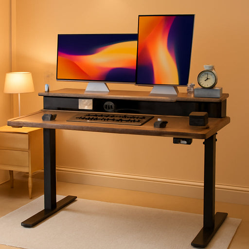 48 X 24 Inch Height Adjustable Electric Standing Desk with Double Drawer, Stand up Desk with Storage Shelf, Sit Stand Desk, Vintage Brown