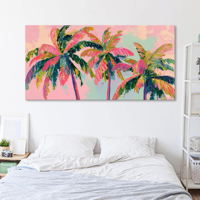 Palm Tree Canvas Wall Art Coastal Seascape Pictures Tropical Botanical Painting Modern Pink Artwork Prints for Bathroom Beach House Bedroom Living Room Home Office Decor Framed 28" X 58"