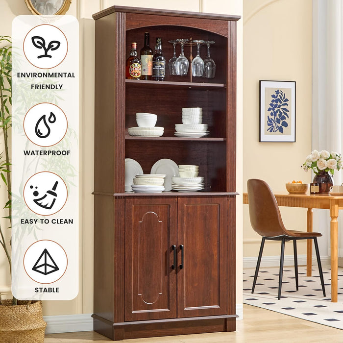 5 Tier Book Shelf and Bookshelf with Storage Cabinet Doors, 72 Inch Tall Bookcase, Wooden Cube Storage Organizer, Kids Bookshelf, Display Cabinet for Bedroom Furniture, Living Room, Pantry Cherry