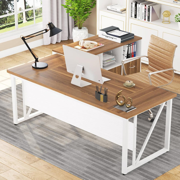 63 Inches Executive Desk and 47" Lateral File Cabinet, L-Shaped Computer Desk Home Office Furniture Set with Drawers and Storage Shelves, Office Table with Cabinet (Walnut+White, 63)