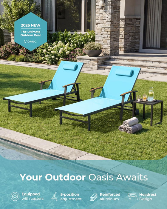 Outdoor Lounge Chair with Pillow, 5-Position Chaise Lounge with Wheels & Armrests, 400 Lbs Heavy Duty Aluminum Pool Lounger for Beach, Deck, Backyard & Poolside, Lake Blue