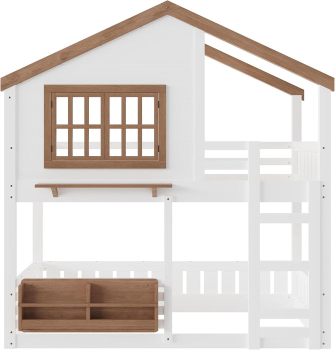 Twin Bunk Bed With Bookshelves Beige LinenFinishPremium