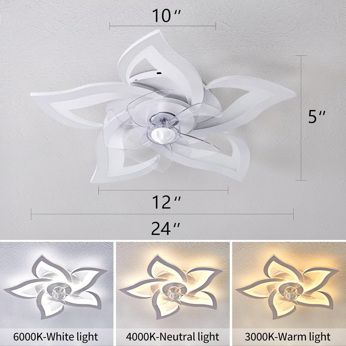 Flush Mount Ceiling Fan with Lights, 24" White ,Remote Control, 6 Speeds 3 Light Color Low Profile Ceiling Fan for Kitchen