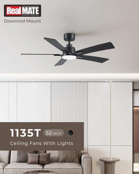 52 Inch Ceiling Fans with Lights and Remote, Black Ceiling Fan, Downrod Style with 5 Blades, Modern Design for Indoor Bedroom Living Room/Outdoor, 6 Speed Reversible DC Motor, 3CCT Dimmable LED