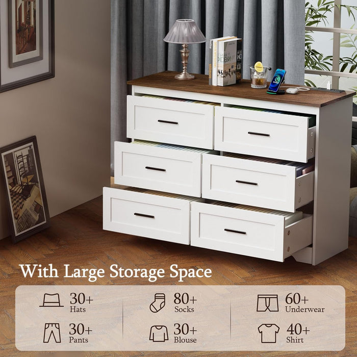 Farmhouse Dresser for Bedroom 6 Drawers Dresser with Power Outlets Rustic Chest of Drawers with Natural Texture White Organizer for Living Room Hallway