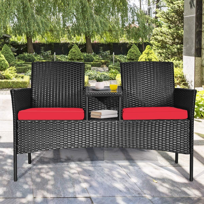 Wicker Patio Conversation Furniture Set, Outdoor Furniture Set with Removable Cushions & Table, Tempered Glass Top, Modern Rattan Bench for Garden Lawn Backyard
