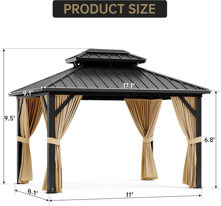 10X12 FT Hardtop Gazebo, Khaki Heavy Duty Aluminum Frame Patio Gazebo, Double Roof All-Weather Metal Canopy with Curtains and Netting for Patio, Garden, Poolside
