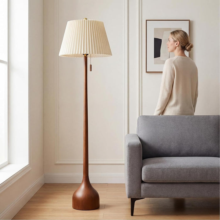 Mid Century Modern Real Wood Floor Lamp with 2 Shades for Two Looks