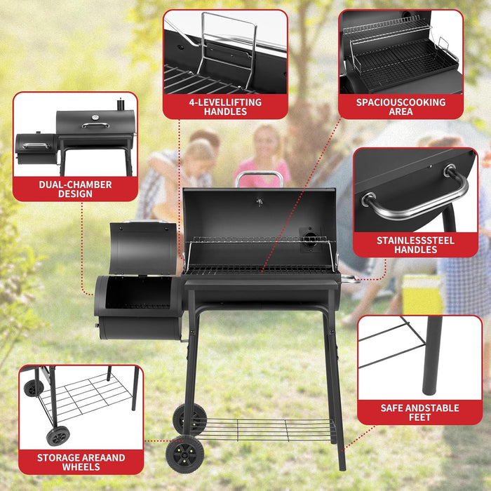 Barrel Charcoal Grill with Offset Smoker,550 Square Inches Cooking Area, Outdoor BBQ Grill with Front Shelf, Perfect for Backyard, Patio Parties and Picnics.