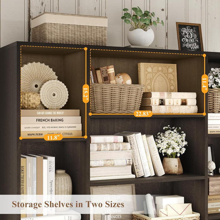 75” Tall Book Shelf and Bookcase, Bookshelf with Storage Cabinet, 47” Wide Bookcase with 4 Doors, Standing Display Shelves, Modern Farmhouse Book Case for Living Room, Home Office, Dark Brown