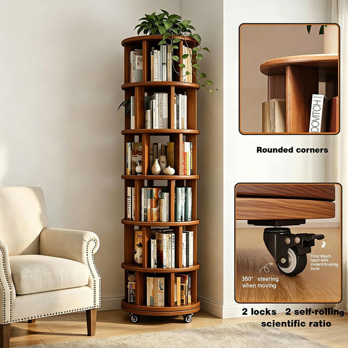 6‑Tier Rotating Bookshelf, Solid Rubber Wood 360° Revolving Bookcase with Lockable Casters, Space‑Saving Tall Storage Shelf for Living Room Bedroom Home Office, Walnut, 17.3"D×17.3"W×78.5"H