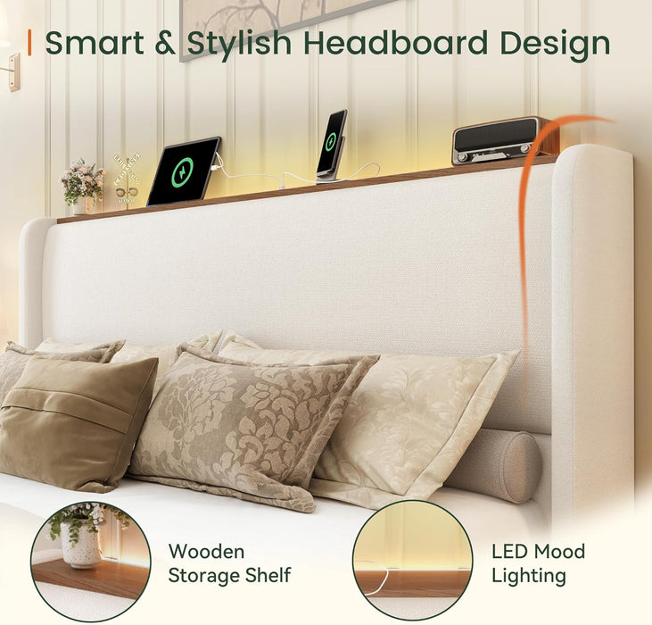 Queen Size Bed Frame with LED Lights and Charging Station Linen Upholstered Platform Bed Frame with 51.2" Tall Headboard Wingback and Storage Shelf, No Box Spring Needed, Noise Free, Beige