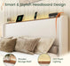Queen Size Bed Frame with LED Lights and Charging Station Linen Upholstered Platform Bed Frame with 51.2" Tall Headboard Wingback and Storage Shelf, No Box Spring Needed, Noise Free, Beige
