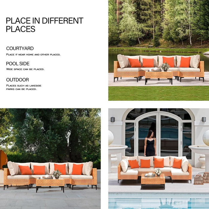 5 Piece Outdoor Patio Furniture Set Modular Outdoor Furniture Set Wicker Outdoor Sectional Sofa with Cushions Table Patio Set for Balcony Porch Deck Yard (Salmon&Orange Wicker, Sand Cushion)