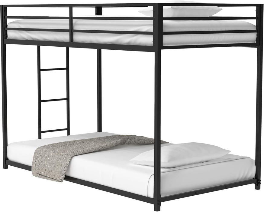 Twin Bunk Bed with Stable Ladder, Twin over Bed Frame with Full-Length Guardrail, Low Platform Bed Frame for Adults, Teens, Boys,Girls, No Box Spring Needed, Black