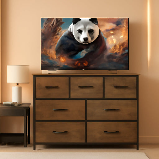 Dresser TV Stand, Entertainment Center with Fabric Chest of Drawers for Bedroom, Media Console Table with Metal Frame and Wood Top for TV up to 45 Inch, Rustic Brown Wood Grain Print