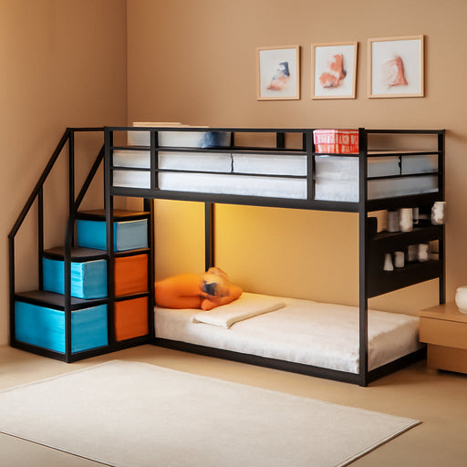 Low Bunk Bed Twin over Twin with 6 Storage Drawers and 6-Pocket Organizer, Reversible Storage Staircase(Left or Right), Bunk Bed for Kids with LED Lights,Metal Frame with Safety High Guardrails, Black