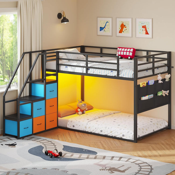Low Bunk Bed Twin over Twin with 6 Storage Drawers and 6-Pocket Organizer, Reversible Storage Staircase(Left or Right), Bunk Bed for Kids with LED Lights,Metal Frame with Safety High Guardrails, Black