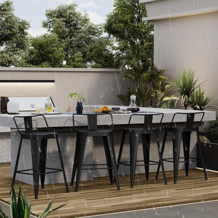 24Inch Outdoor Metal Bar Stools Set of 4 Patio Stool Counter Height Barstools Large Seat Industrial Counter Stool Kitchen Bar Chairs Indoor-Low Back, Black