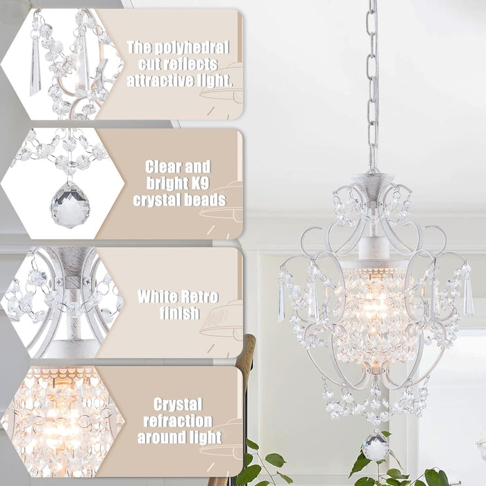 Modern Mini Chandelier,White Retro Crystal Light Fixtures Ceiling Mount 1 Light Small Crystal Chandeliers for Bedroom Elegant Hanging Lighting for Girls Room Dining Room Closet Kitchen Island