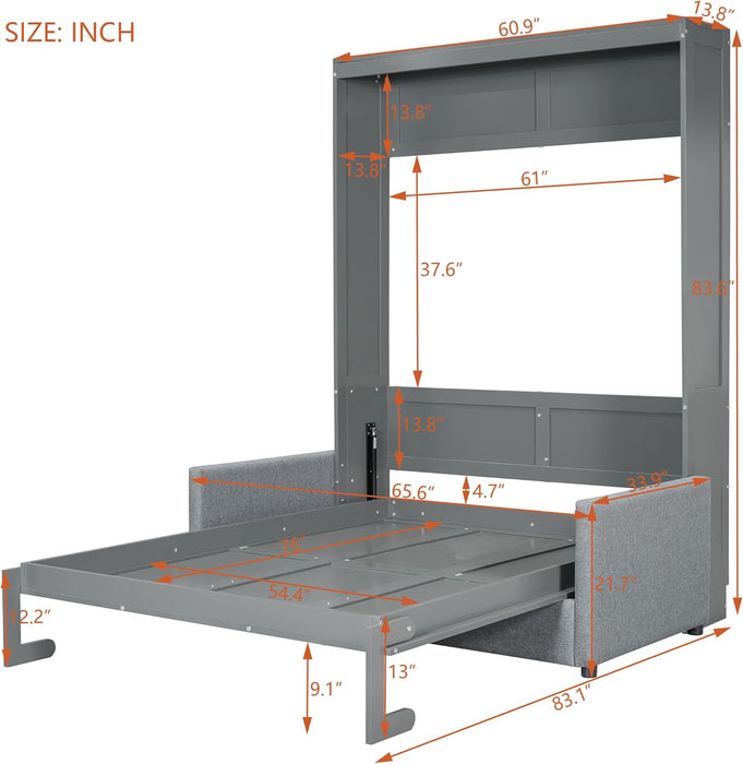 Full Size Murphy Bed, Wooden Full Murphy Bed with Cushion, Wall Bed with Sofa for Home Office or Small Room, Gray