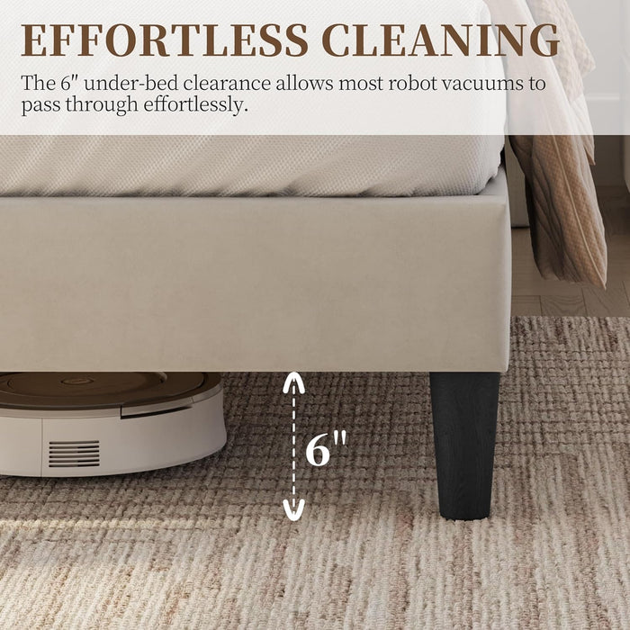 Queen Bed Frame with USB Charging Station and Storage Shelf/Upholstered Headboard Platform Bed with Wing Side/Wooden Slats Support/Noise Free/No Box Spring Needed/Easy Assembly, Cool Beige