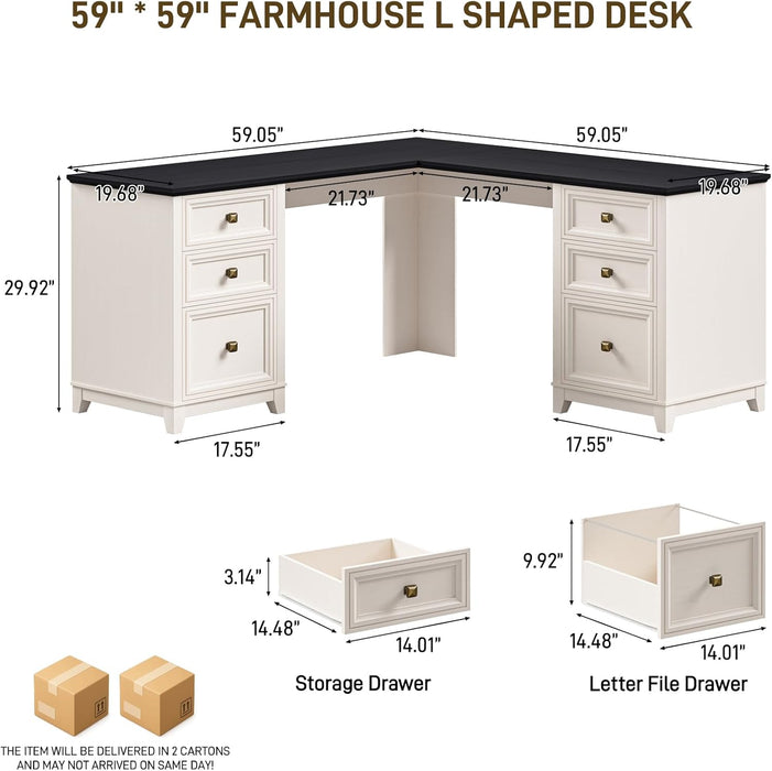 Farmhouse L Shaped Executive Desk with 6 Drawers, 69’’ Wood Home Office Desk with File Cabinet, Writing Corner Computer Desk for Home Office, Work, Study, White and Black