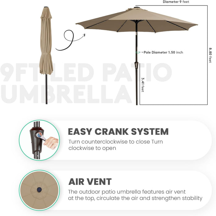 9FT Outdoor Patio Umbrella with Solar Lights, LED Lighted Pool Umbrella with Tilt and Crank, Outdoor Table Umbrellas for Deck, Yard & Market (Beige)