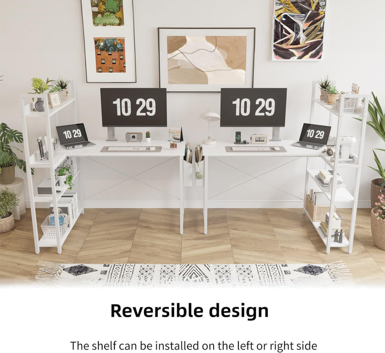 47 Inch Computer Desk with Bookshelf, Corner Desk with Storage, L Shaped Desk, Home Office Desks, Writing Study Desk for Bedroom, White