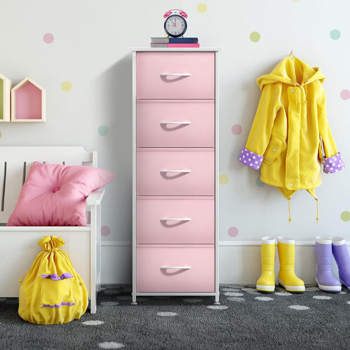 Fabric Dresser for Kids Bedroom - Chest of 5 Drawers, Tall Storage Tower, Clothing Organizer, for Closet, for Playroom, for Nursery, Steel Frame, Fabric Bins - Wood Handle (Pink)
