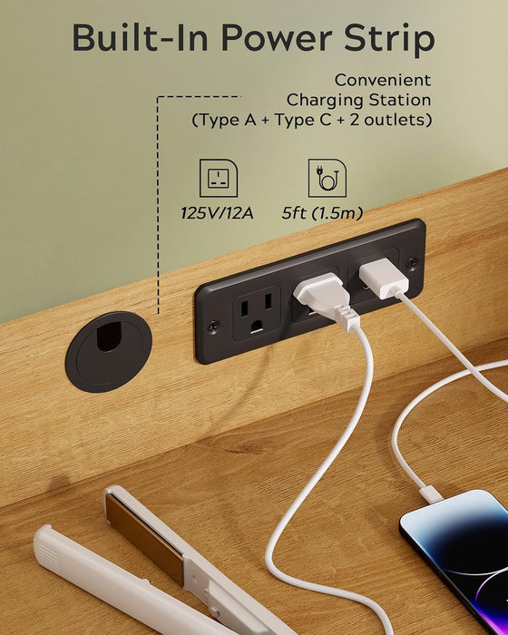 Fluted Makeup Vanity Desk with 31.5" HD Lighted Mirror, Modern Dressing Table with 5 Drawers, Shelves and Glass Top for Bedroom, Natural Oak