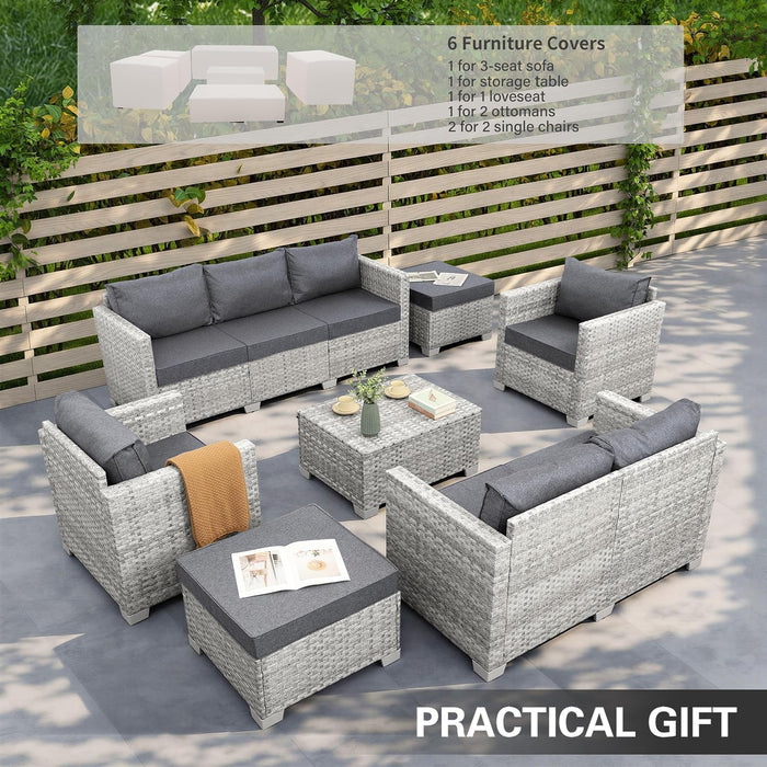 Patio Furniture Set 7 Piece Grey Wicker Outdoor Conversation Sets PE Rattan Sectional Sofa with Storage Coffee Table and Anti-Slip Grey Cushion
