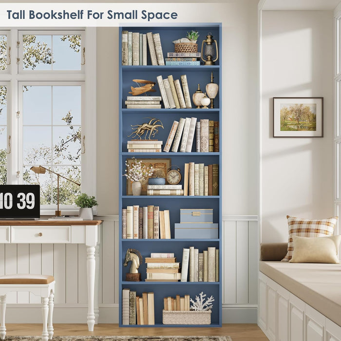 82" Tall Bookshelf Bookcase, 7-Tier Open Display Shelves, Blue
