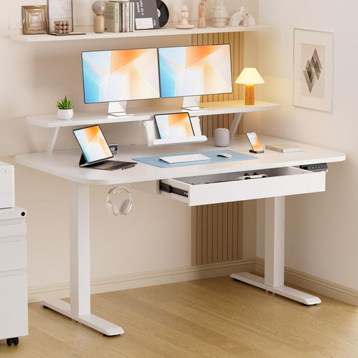Electric Standing Desk with Drawers, 48 X 24 Inches Height Adjustable Computer Desk with Monitor Stand, Laptop Stand, Sit Stand up Desk with Memory Preset for Home, Office, White