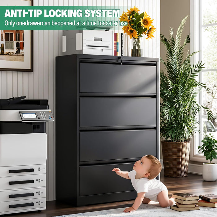 4 Drawer File Cabinet,Metal Lateral Filing Cabinet with Lock,Home Office Storage Organizer Cabinet for Legal/Letter/A4/F4 Size Files,35.5" W,Black