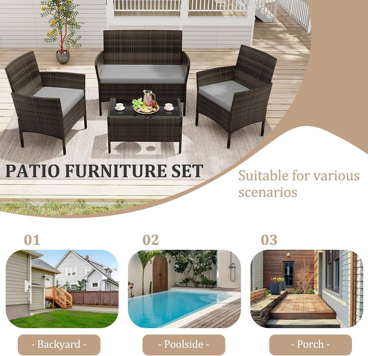 4 Piece Patio Furniture Set, Outdoor Rattan Conversation Set with Loveseat, Wicker Chairs, Tempered Glass Coffee Table, Wicker Patio Set for Backyard, Porch (Grey)