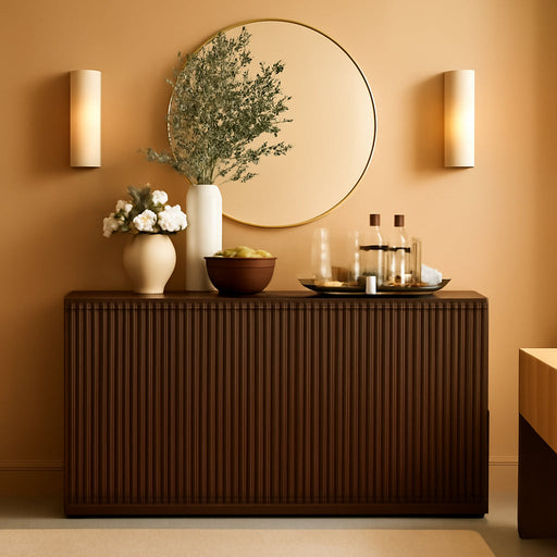 59" Fluted Buffet Cabinet Sideboard with Storage, Large Credenza with 4 Doors, 2 Adjustable Shelves, Wood Mid Century Modern Sideboard for Kitchen and Living Room, Walnut Brown