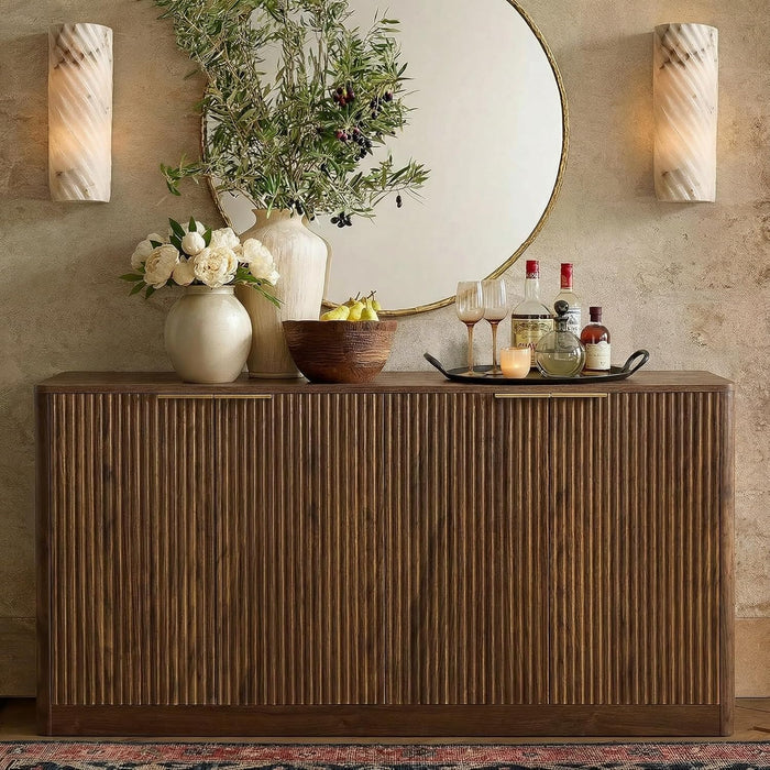 59" Fluted Buffet Cabinet Sideboard with Storage, Large Credenza with 4 Doors, 2 Adjustable Shelves, Wood Mid Century Modern Sideboard for Kitchen and Living Room, Walnut Brown