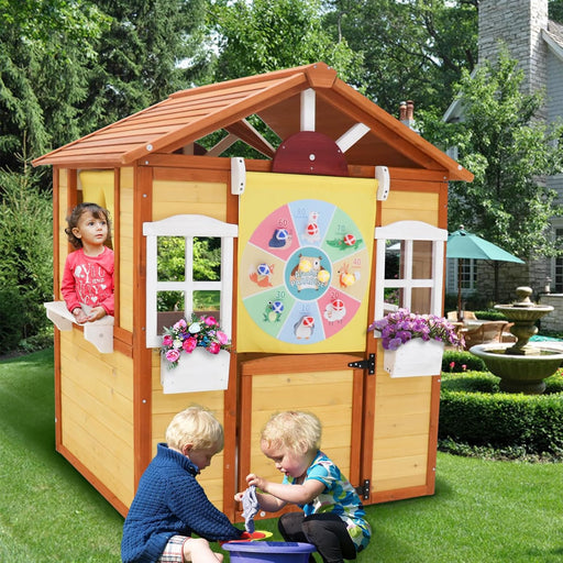 Wooden Playhouse for Kids Outdoor Play House for Kids, with Working Door, Windows, Flowers Pot Holder, Playhouses for Kids Pretend Play House 44.6"X 39" X 50.9"