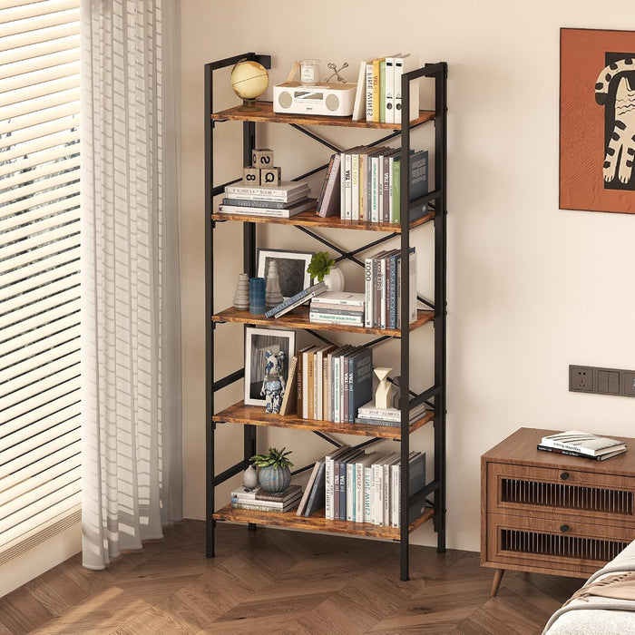Folding Bookshelf,5 Tier Bookcase Foldable Shelf with X-Bracket Design, Adjustable Feet, Space Saving Storage for Living Room, Office, Rustic Brown