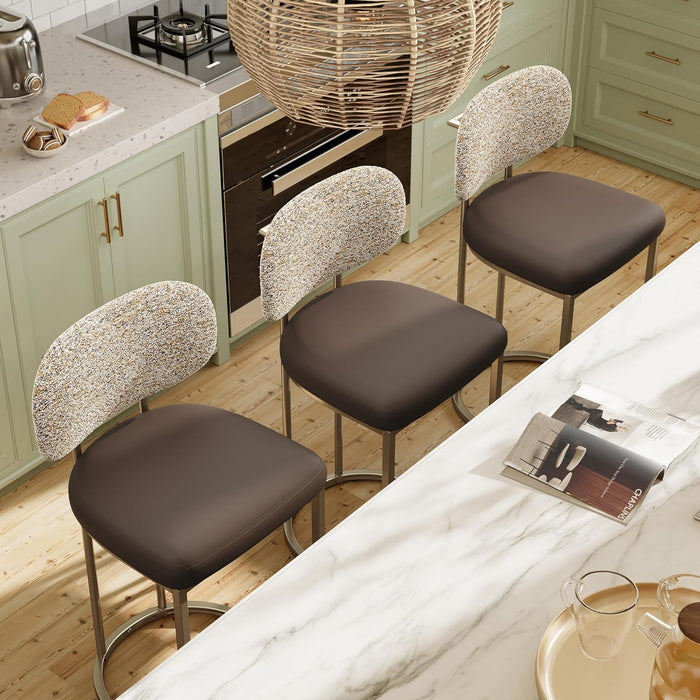 Counter Height Bar Stools Set of 3, Kitchen Barstools with Back | 24 Inch Modern Bar Stool, Metal Gold Barstool for Kitchen Island, Faux Leather Countertop Stools, Taupe