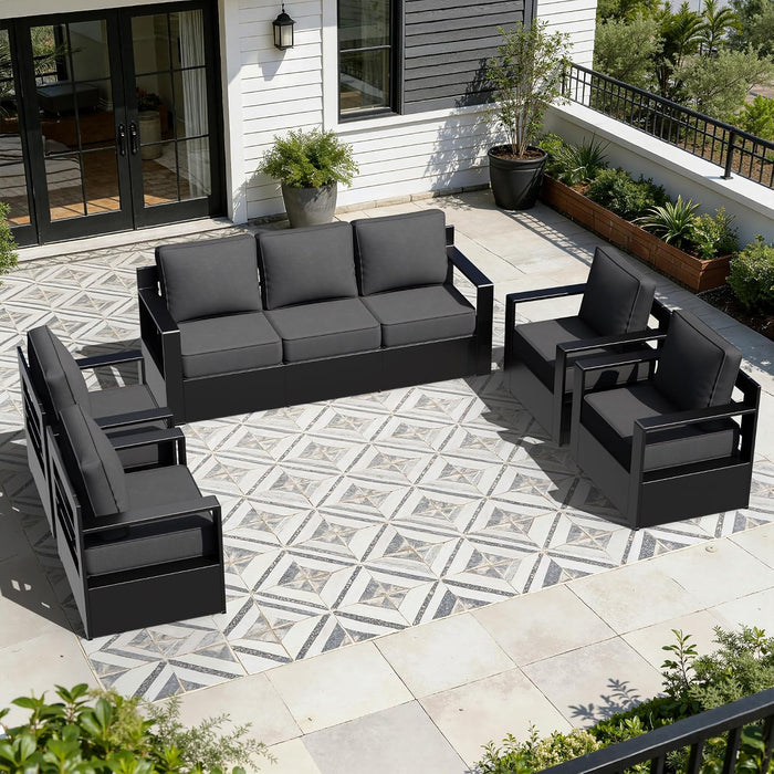 Outdoor Aluminum Furniture Set, 5-Piece Patio Conversation Set, 4 Chairs and 1 Sofa, All-Weather Metal Frame, 6" Thick Removable Cushions, Deep Setting for Garden, Poolside and Porch