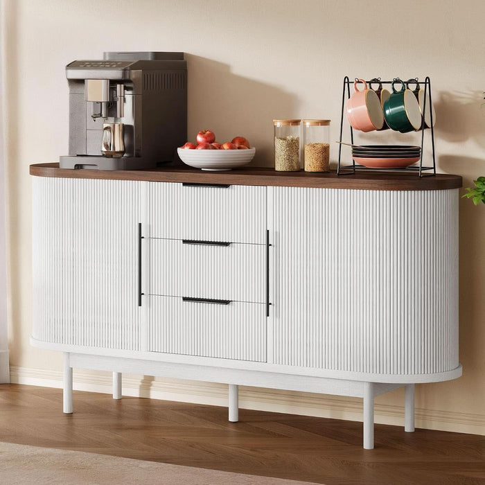 Fluted Sideboard Buffet Cabinet with Storage, White & Brown