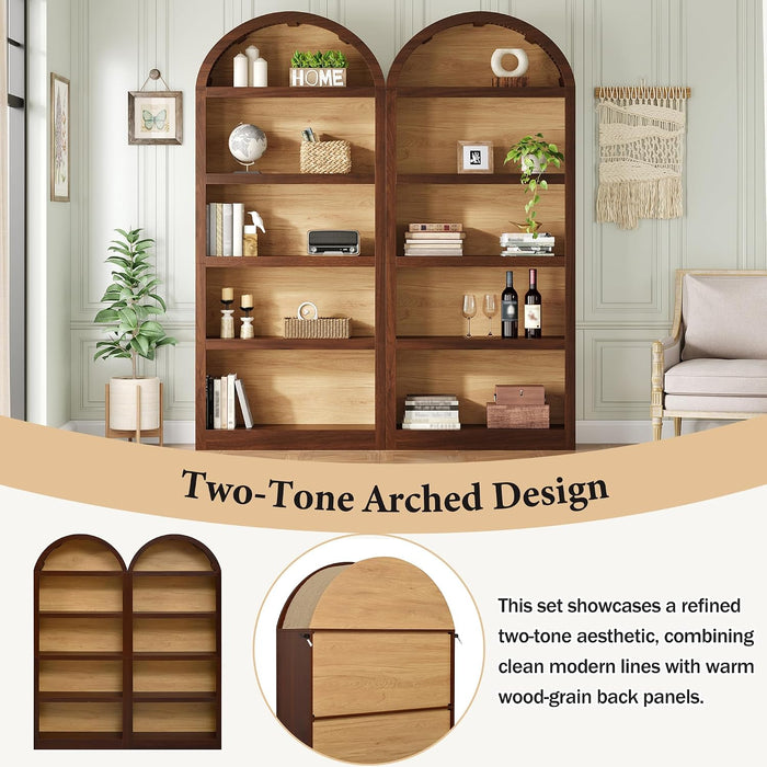 Farmhouse Bookshelf Set of 2, Freestanding Tall Bookcase with Two-Tone Finish & Fabric Arched Top, 5-Tier Open Storage Cabinet for Living Room, Home Office, Bedroom, Walnut