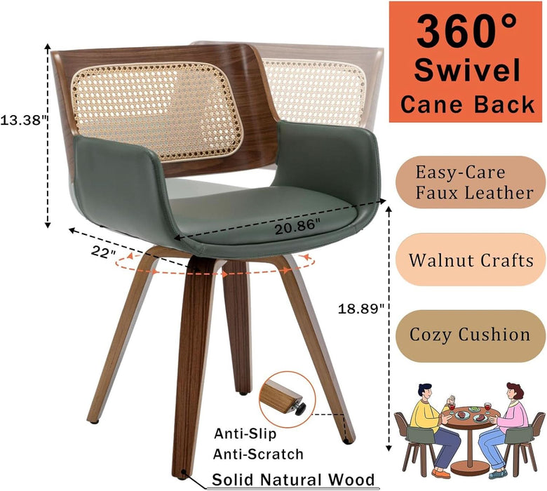 Set of 4 Dining Room Chairs with Arms - Swivel Cane Dining Chairs with Ergonomic Rattan Back, Walnut Bentwood Frame, Curved Arms, Versatile for Restaurant/Living Room/Kitchen (Walnut Green)