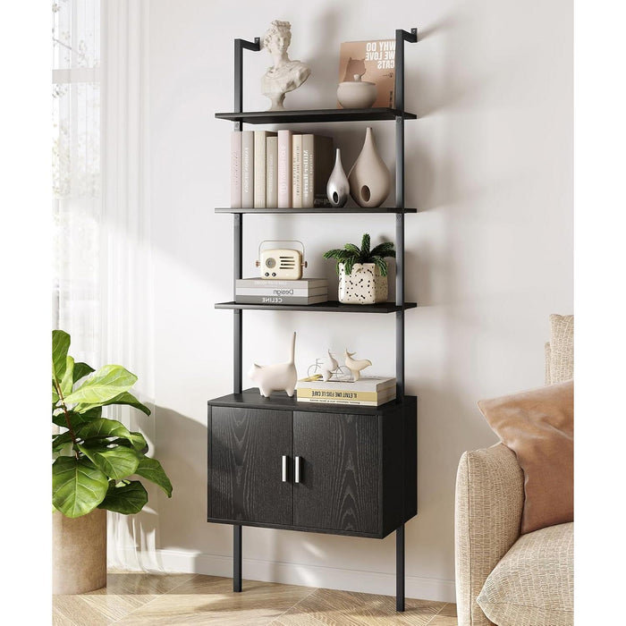 73" Tall Bookshelf with Cabinet, Industrial Ladder Wall Mount Shelf Bookcase with Wood and Metal Frame, Plant Shelf Wall Storage Display for Living Room Bedroom, Black Wood Grain