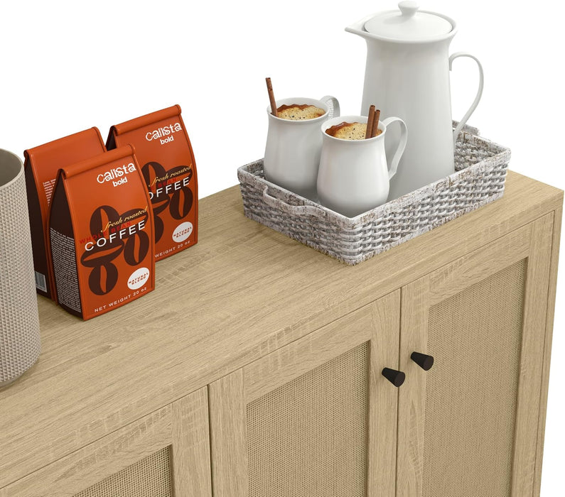Sideboard Accent Storage Cabinet with Rattan Decorated 4 Doors Dining Room Freestanding Kitchen Buffet Table Cupboard (Natural)