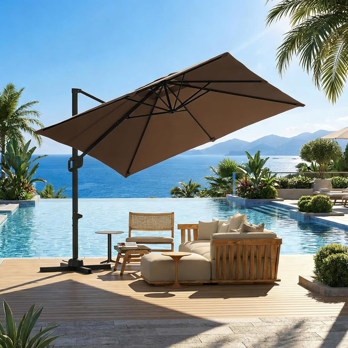 Large Cantilever Patio Umbrella, 10 Ft X 10 Ft Heavy Duty Aluminum Cantilever Offset Outdoor Umbrella with 360-Degree Rotation for Backyard, Deck, Pool, Tan